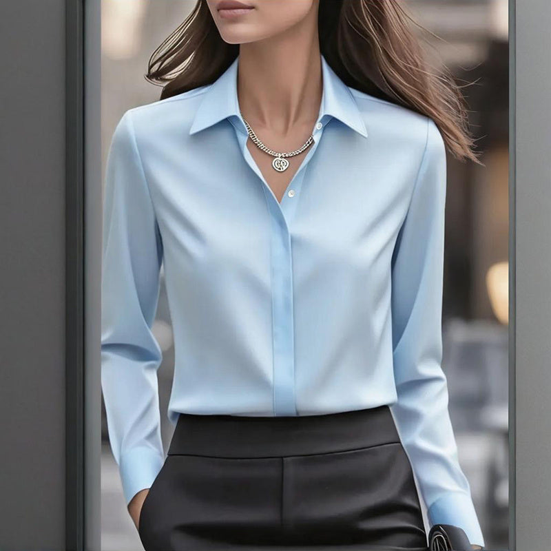 Loose Fit Satin Blouse — V-Neck Long Sleeve Tunic Top for Office & Casual Wear