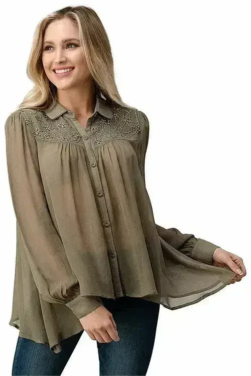 Embroidered Sheer Blouse - Beaded Jewel Trim Button-Up Top | Femstylo