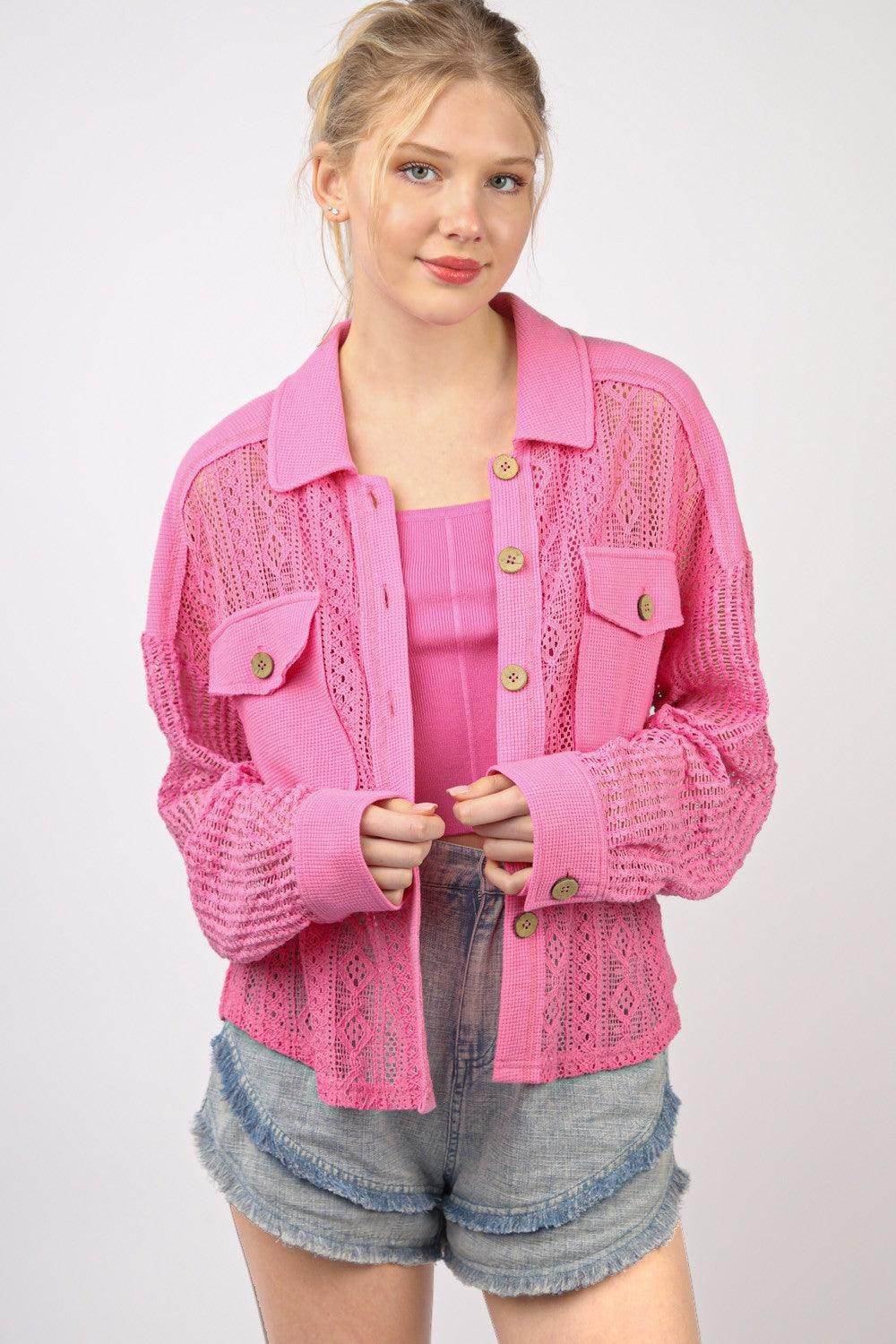 Very J Button Up Long Sleeve Lace Shirt for Women