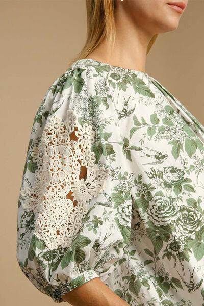 Umgee Floral Pleated Detail Lace Trim Sleeve Blouse Women