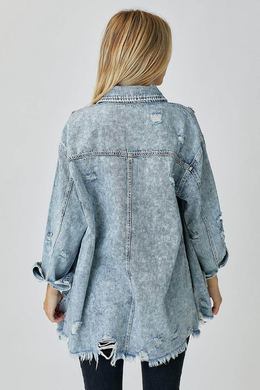 RISEN Distressed Raw Hem Denim Shirt for Casual Style