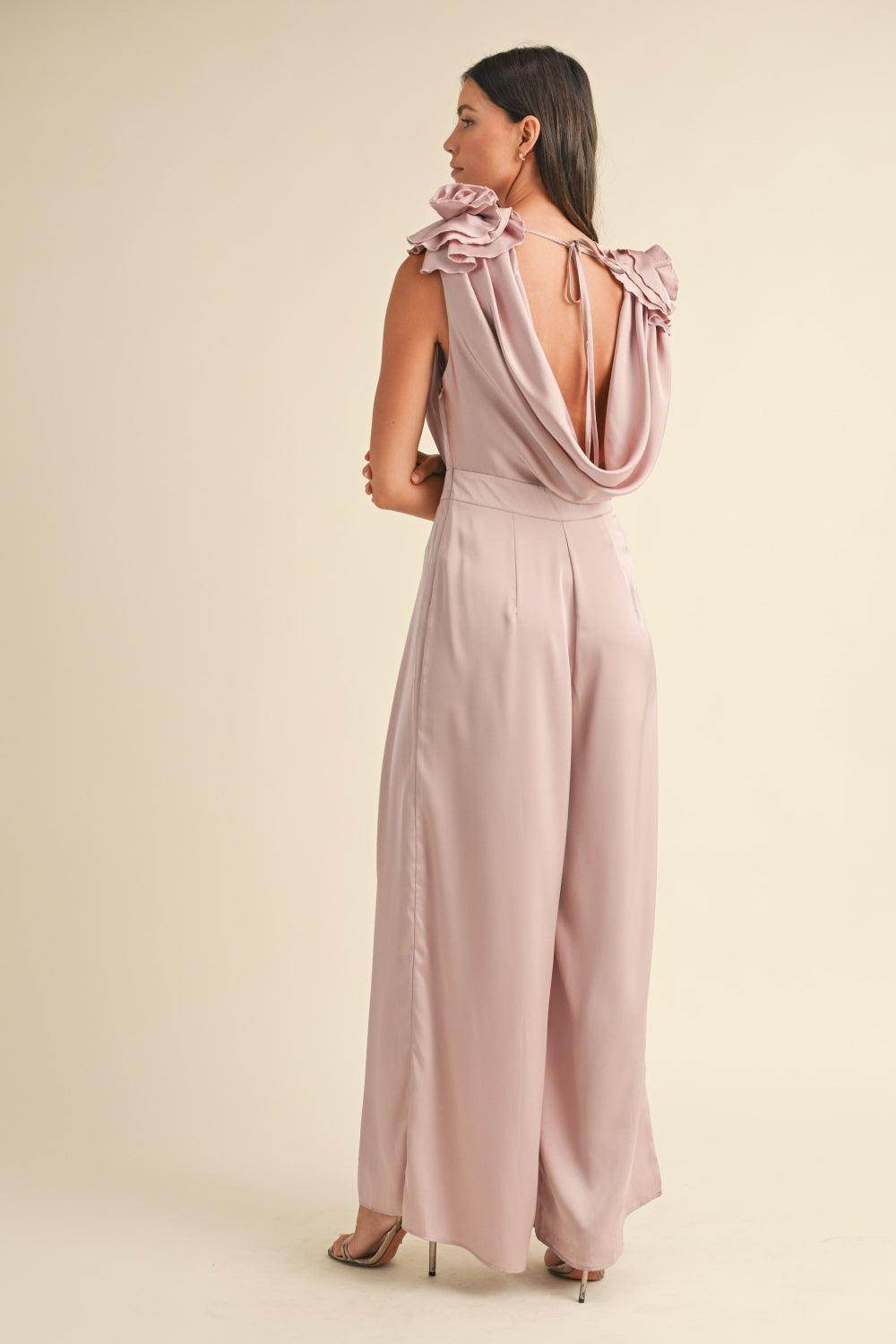 MABLE 3D Floral Applique Deep Cowl Neck Jumpsuit Elegance