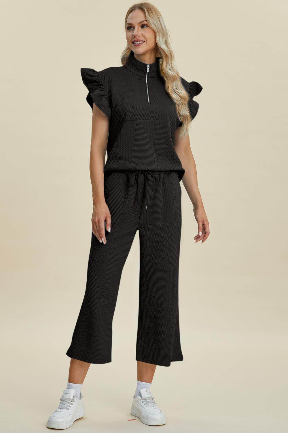 Double Take Full Size Texture Ruffle Top and Pants Set