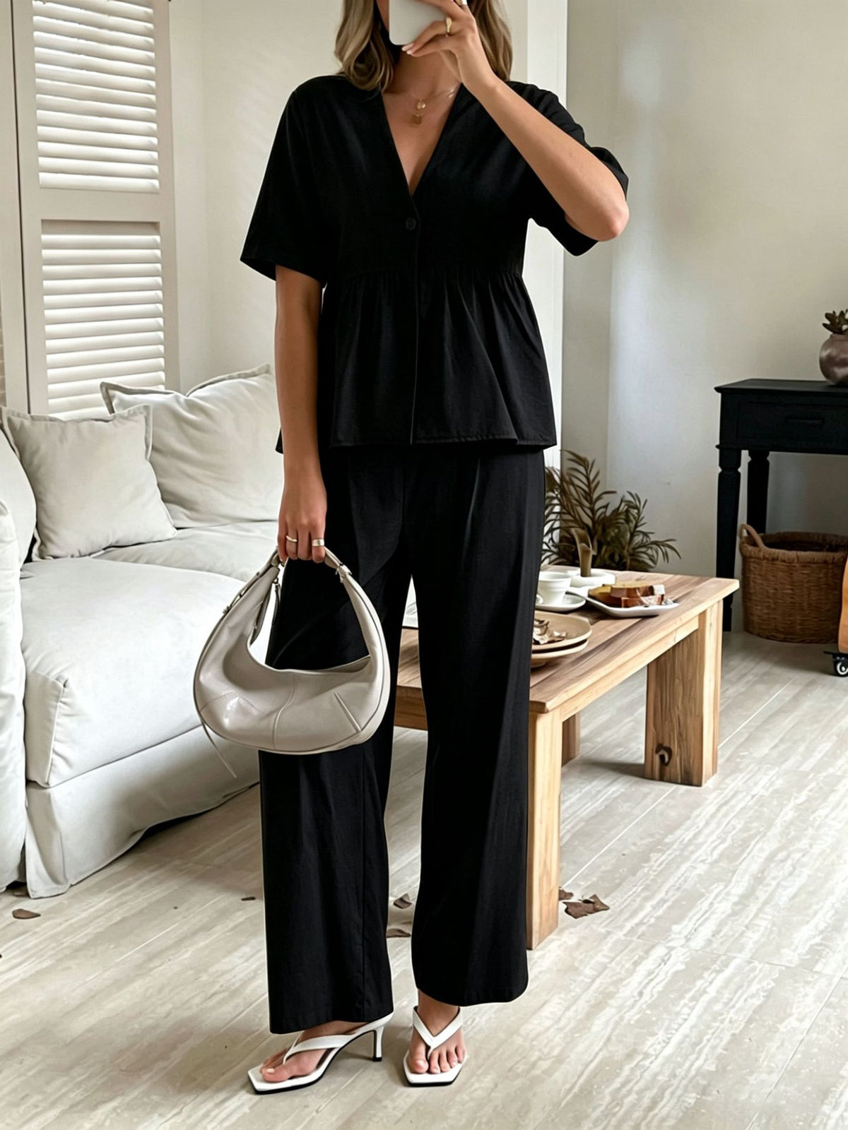 Women's V-Neck Loose Short-Sleeve Top & Wide-Leg Pants Set