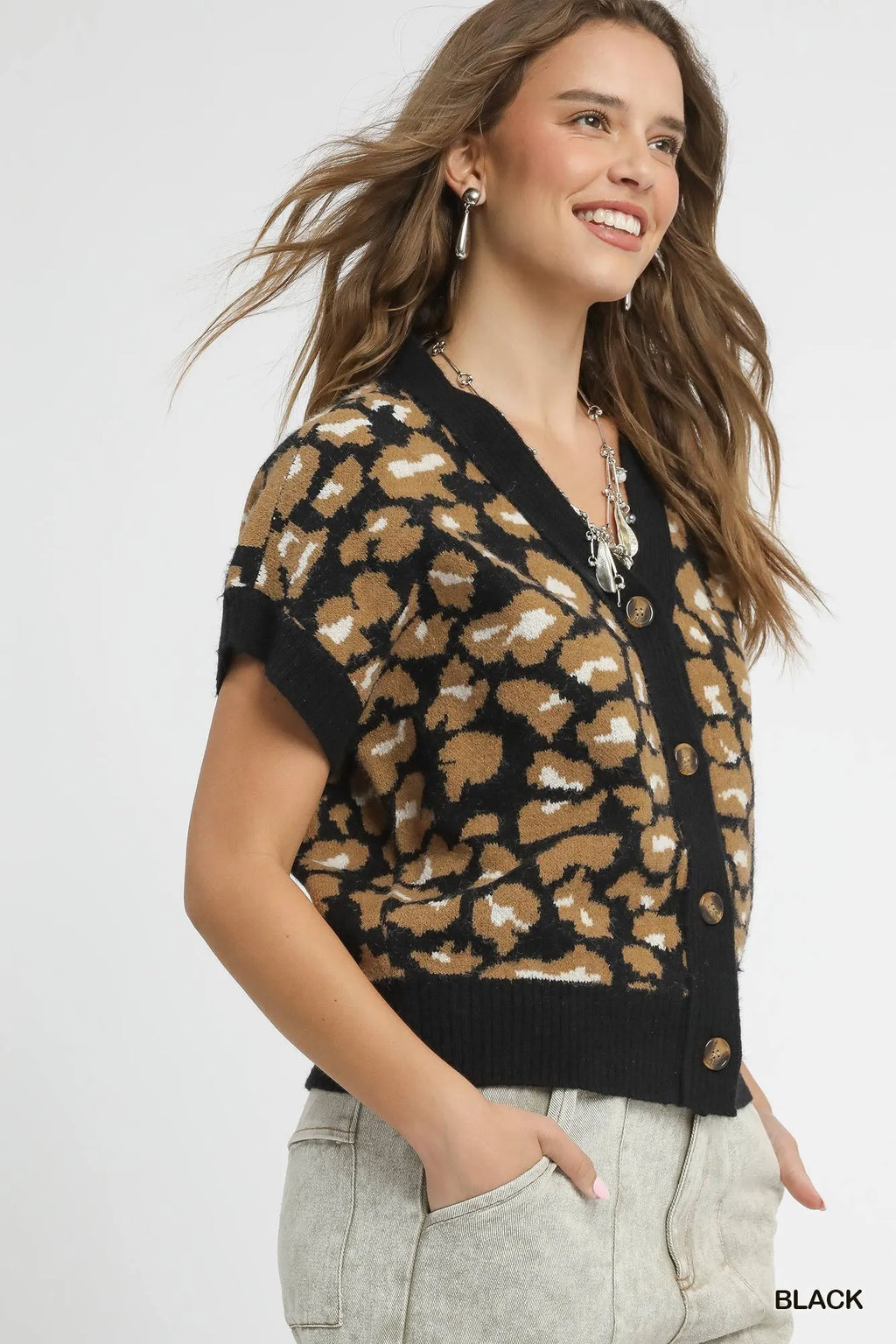 Umgee Leopard Button Down Short Sleeve Cardigan