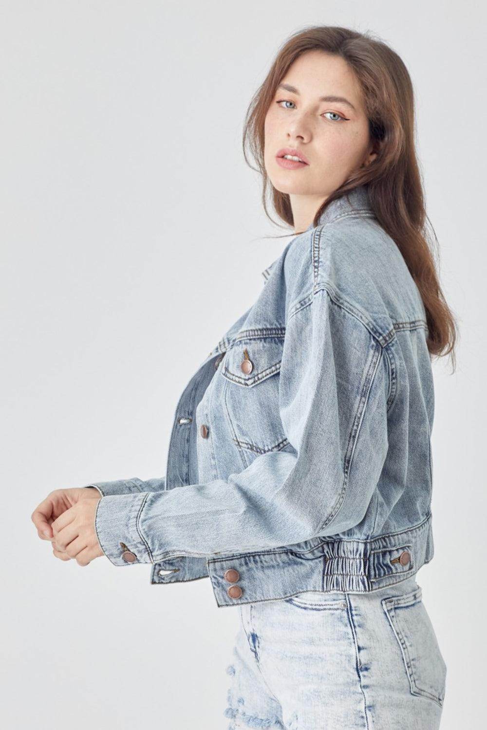 RISEN Full Size Button Down Cropped Denim Jacket for Women