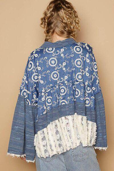 POL Lace Hem Embroidered Long Sleeve Shirt for Women