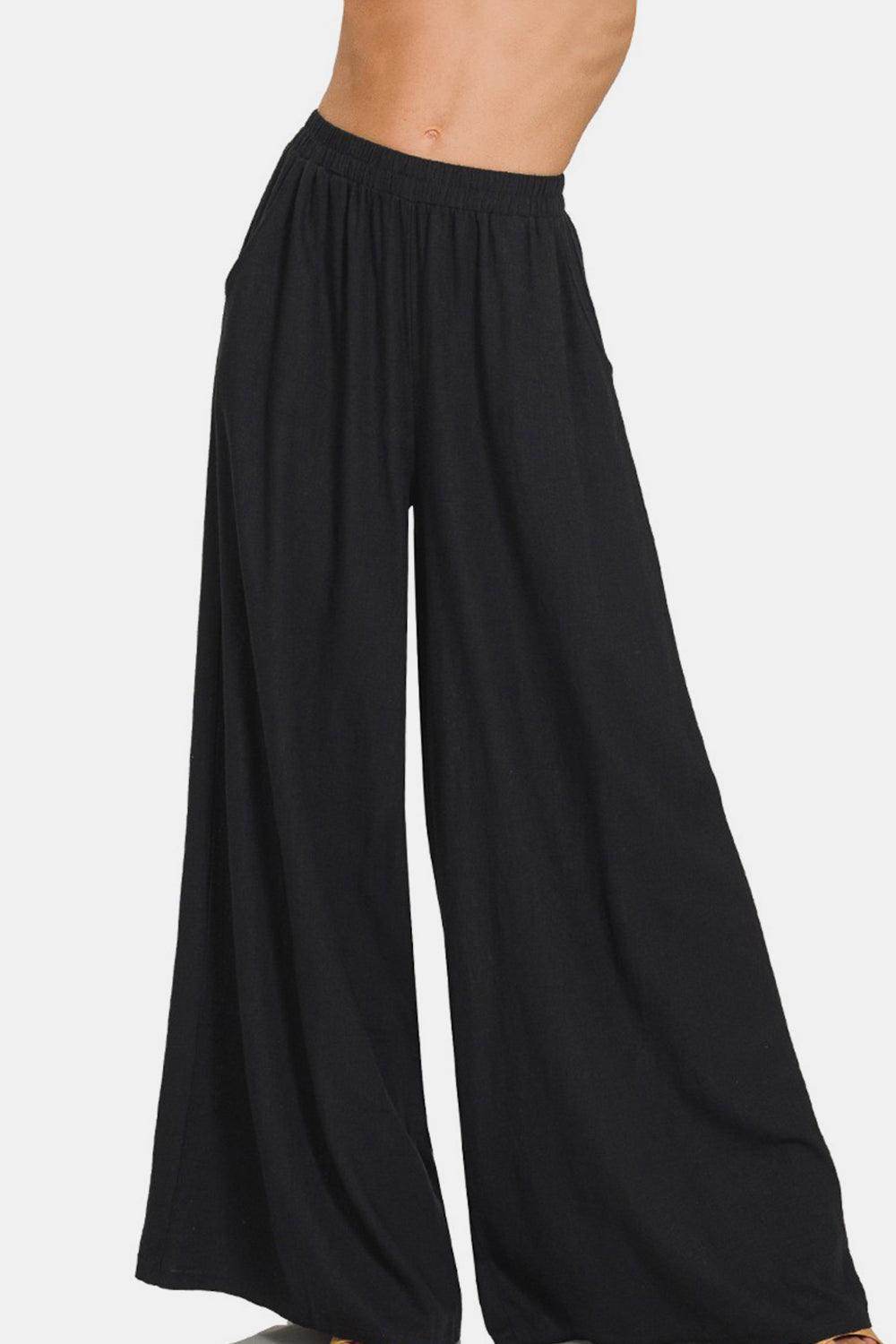 Zenana Pleated Linen Blend Wide Leg Pants for Women