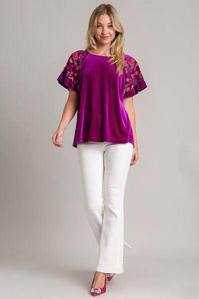 Umgee Full Size Velvet Embroidery Short Sleeve Blouse for Women