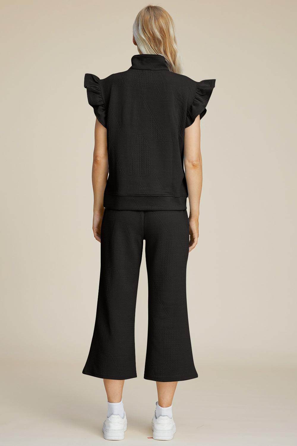 Double Take Full Size Texture Ruffle Top and Pants Set