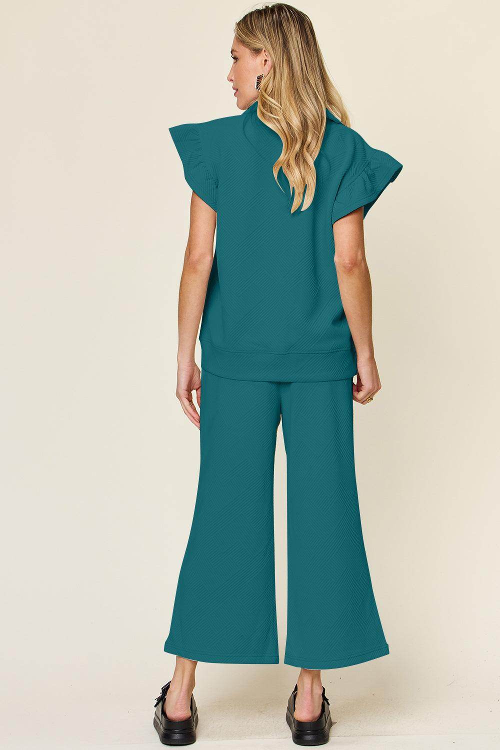 Double Take Texture Ruffle Short Sleeve Top and Pants Set