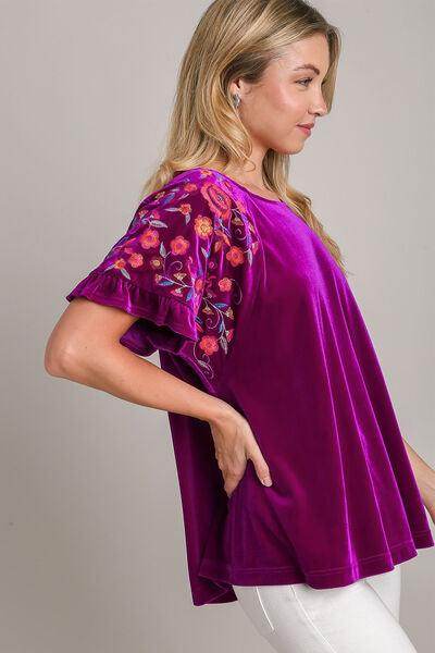 Umgee Full Size Velvet Embroidery Short Sleeve Blouse for Women