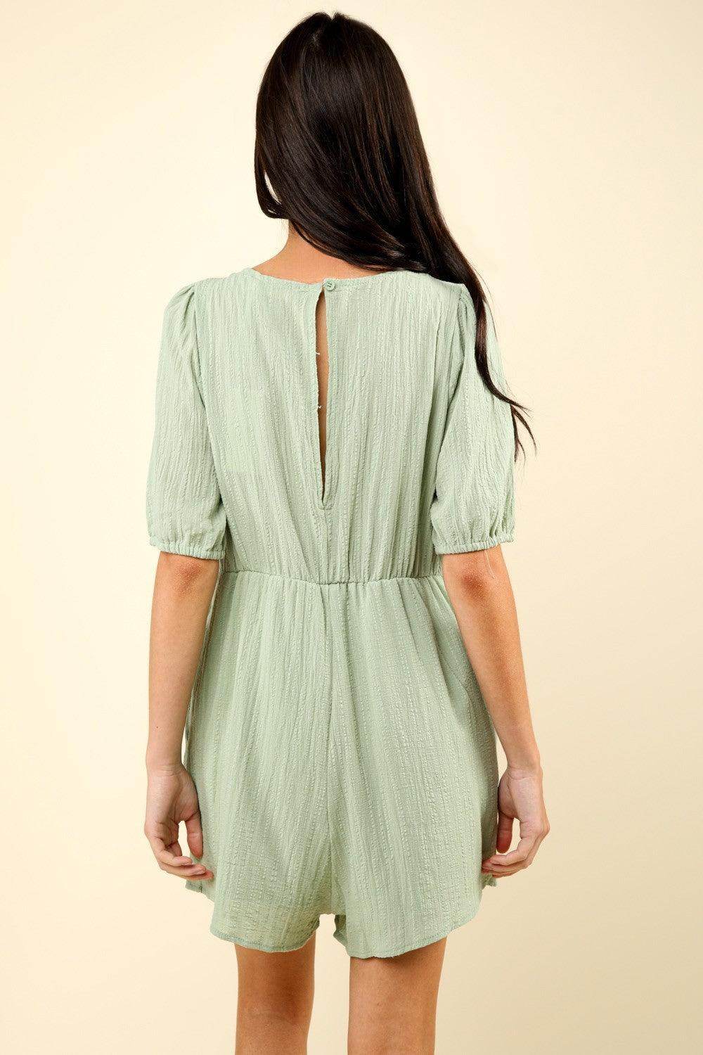Very J Lace Detail Puff Sleeve Romper with Pockets