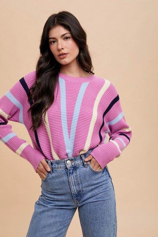 Annie Wear Chevron Stripe Round Neck Ribbed Sweater for Women
