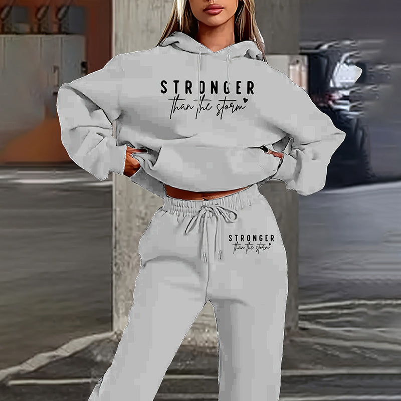 Women's Solid 2-Piece Set Letter Print Hoodie With Pocket