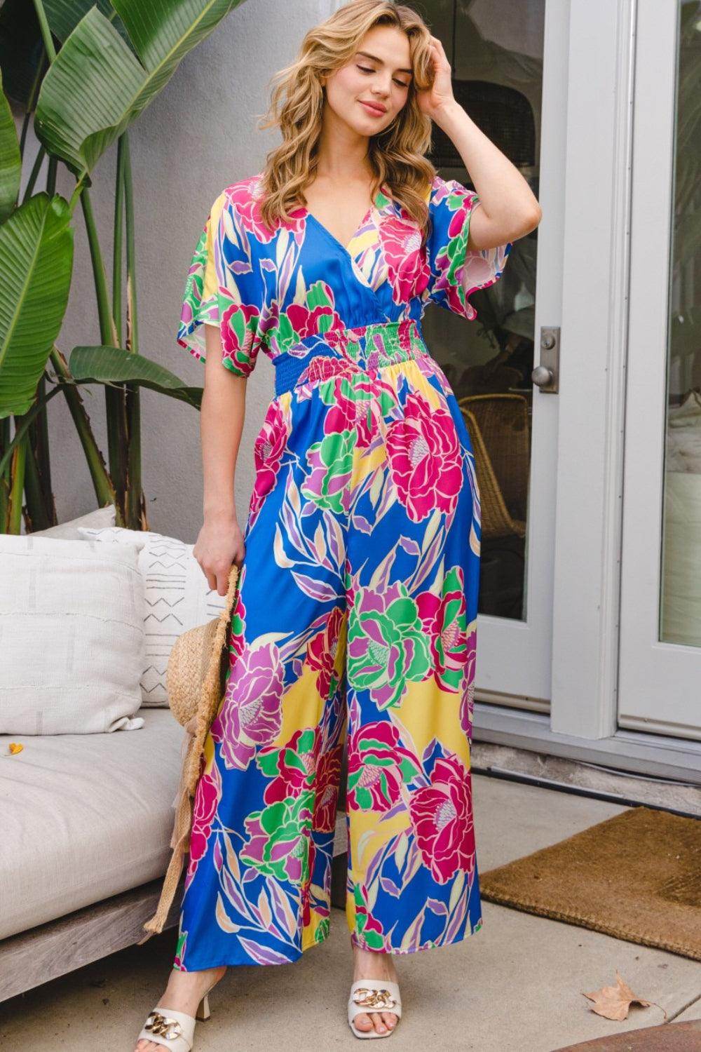 ODDI Full Size Floral Smocked Tied Back Jumpsuit for Women