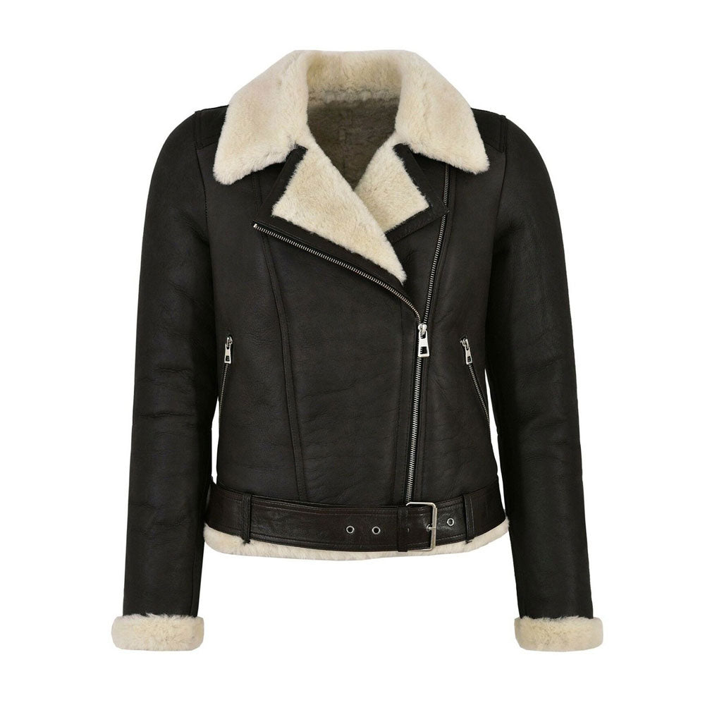 Women’s Genuine Leather Faux Fur Shearling Biker Jacket