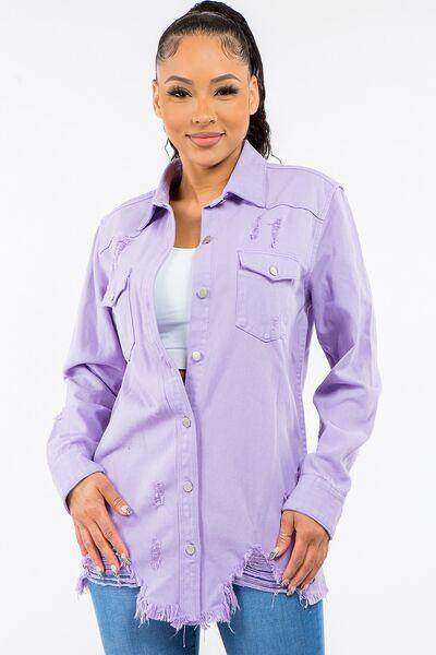 American Bazi Frayed Hem Distressed Denim Jacket for Women