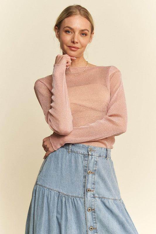 Davi & Dani Glitter Mesh Lettuce Hem Long Sleeve Top Women