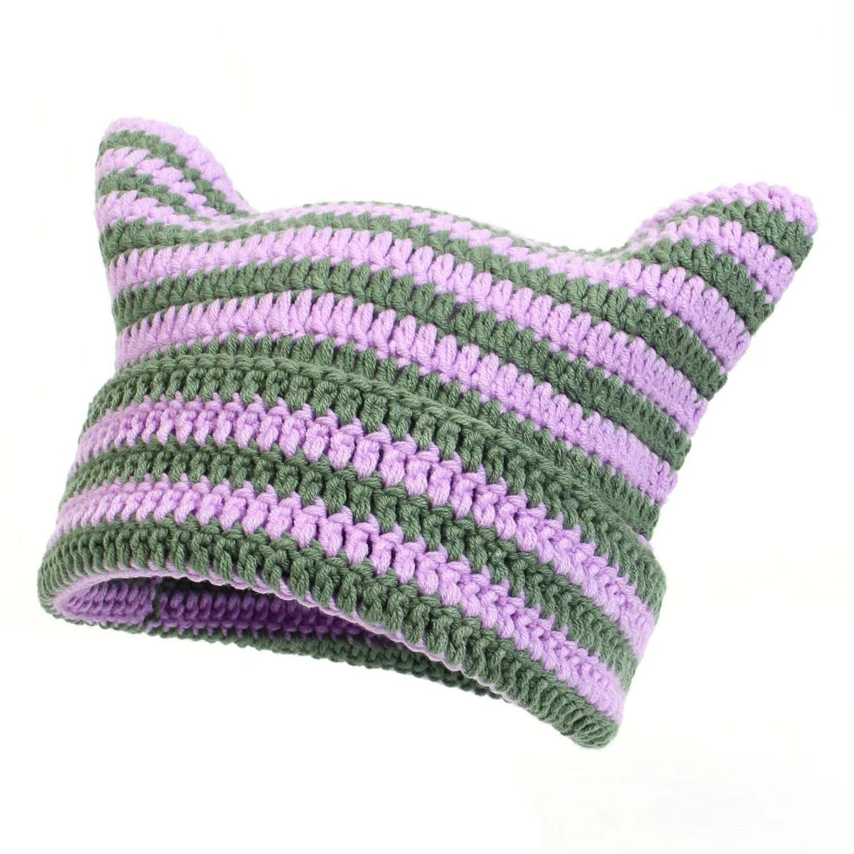 Women’s Hand Knitted Striped Cat Hat – Cute Warm Winter Beanie