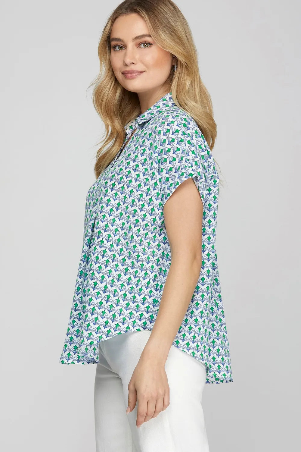 She + Sky Full Size Printed Johnny Collar Short Sleeve Blouse Plus Size