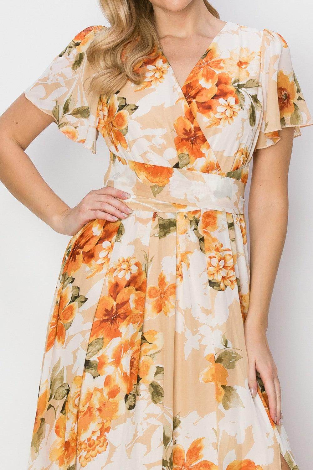 HYFVE Floral Tie Back Short Sleeve Slit Maxi Dress for Women