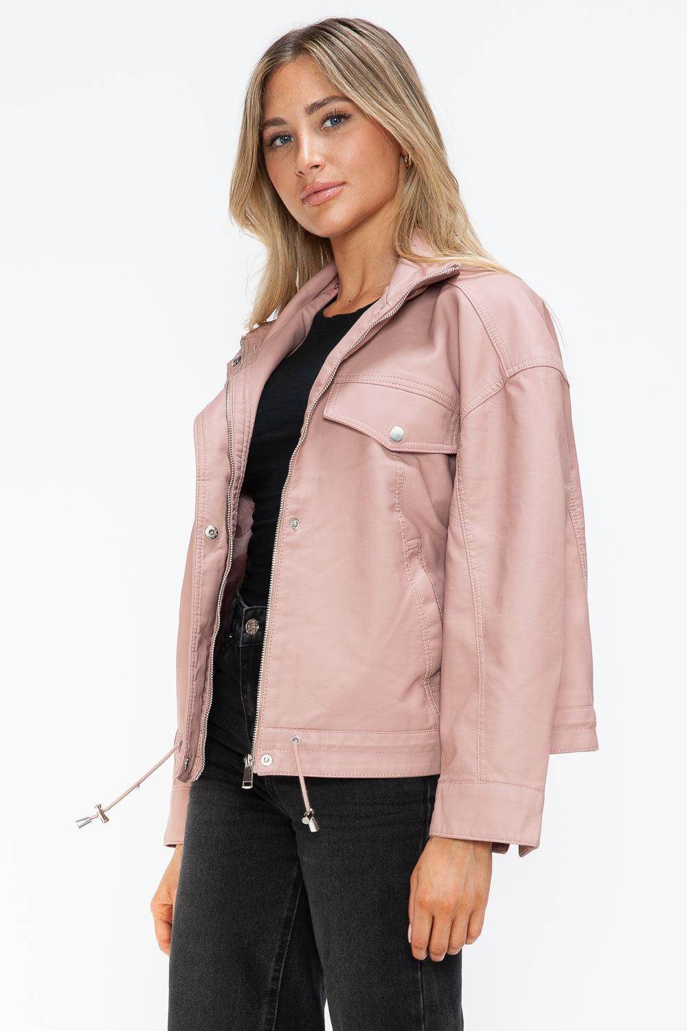 How Dare U Drawstring Hem PU Leather Zip Up Jacket for Women