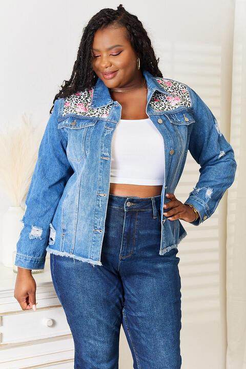 Baeful Leopard Floral Distressed Raw Hem Denim Jacket Women