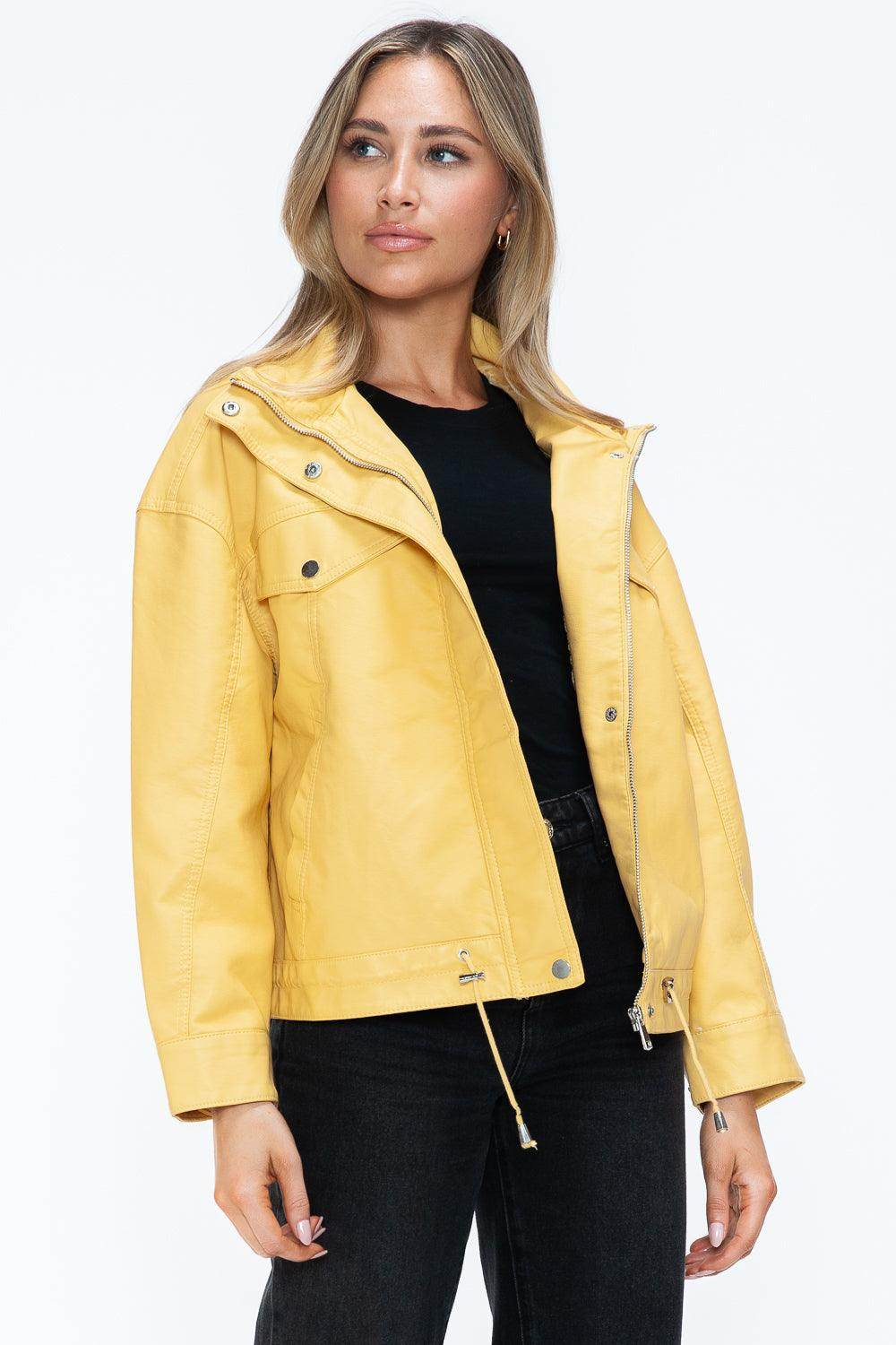 How Dare U Drawstring Hem PU Leather Zip Up Jacket for Women