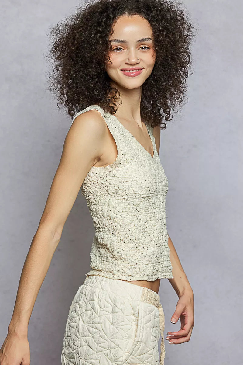 POL Textured Knit V-Neck Tank with Lace Trim