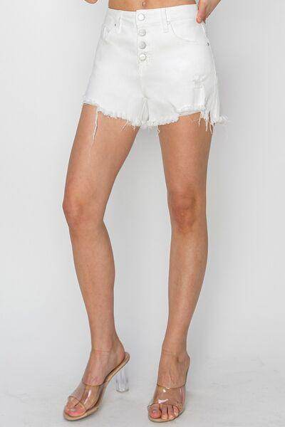 RISEN Button Fly Frayed Hem Denim Shorts for Women