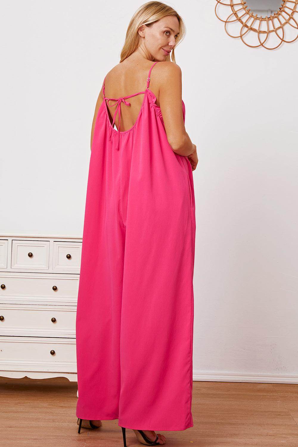 Double Take Full Size Ruffle Trim Tie Back Cami Jumpsuit