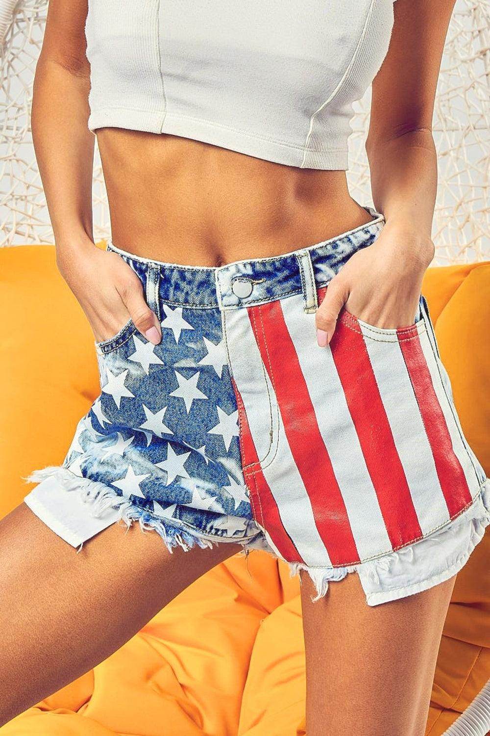 BiBi US Flag Theme Bleached Denim Shorts for Summer Style