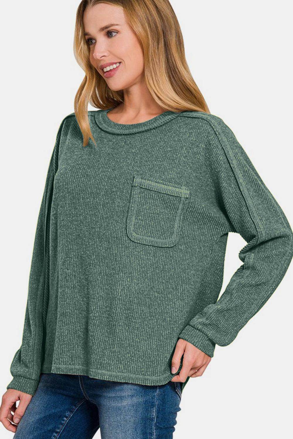 Zenana Full Size Contrast Stitching Brushed Ribbed Top