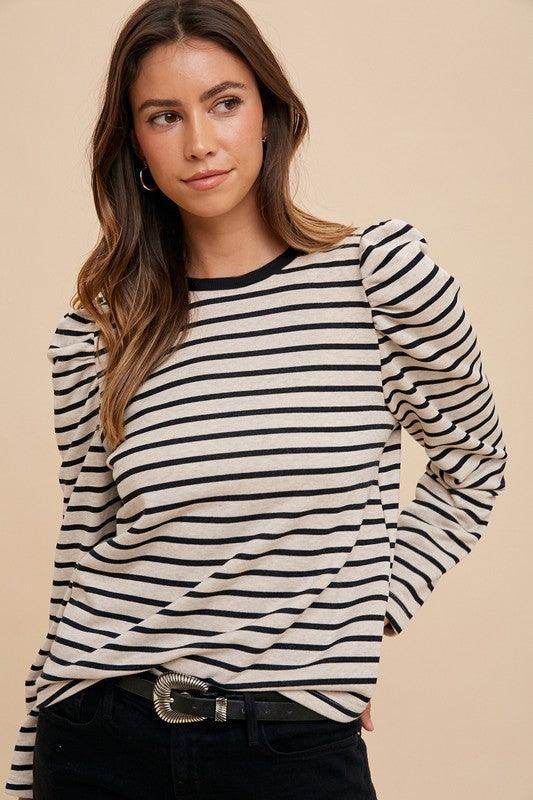 Annie Wear Striped Round Neck Puff Sleeve Top for Women