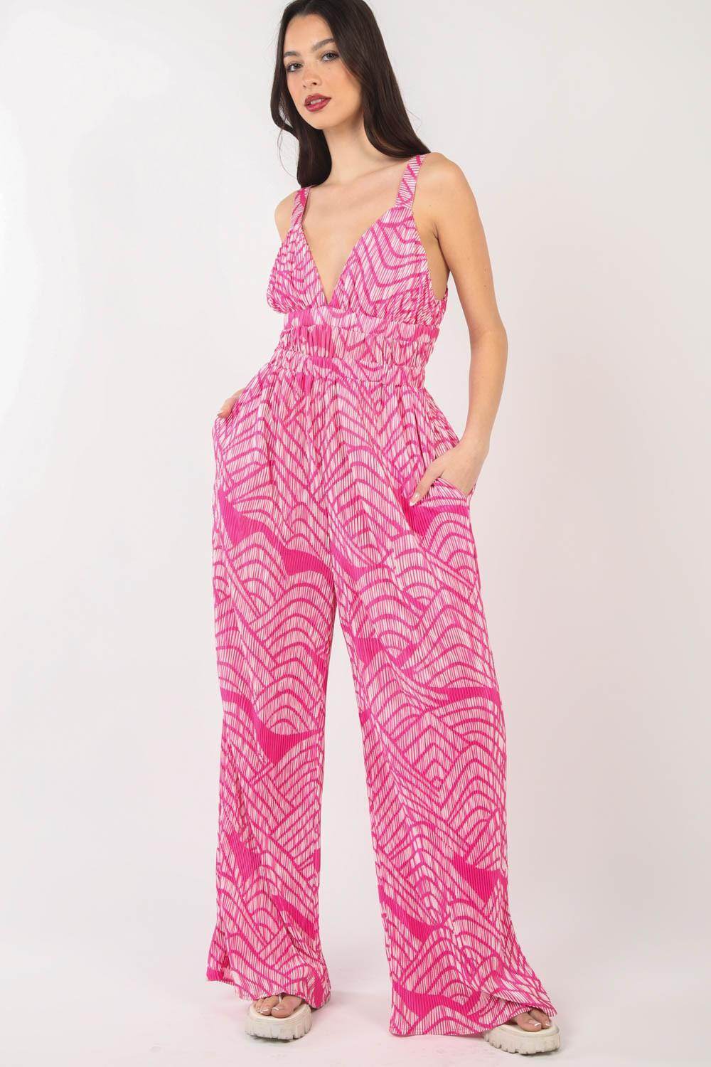 Very J Printed Pleated Sleeveless Wide Leg Jumpsuit