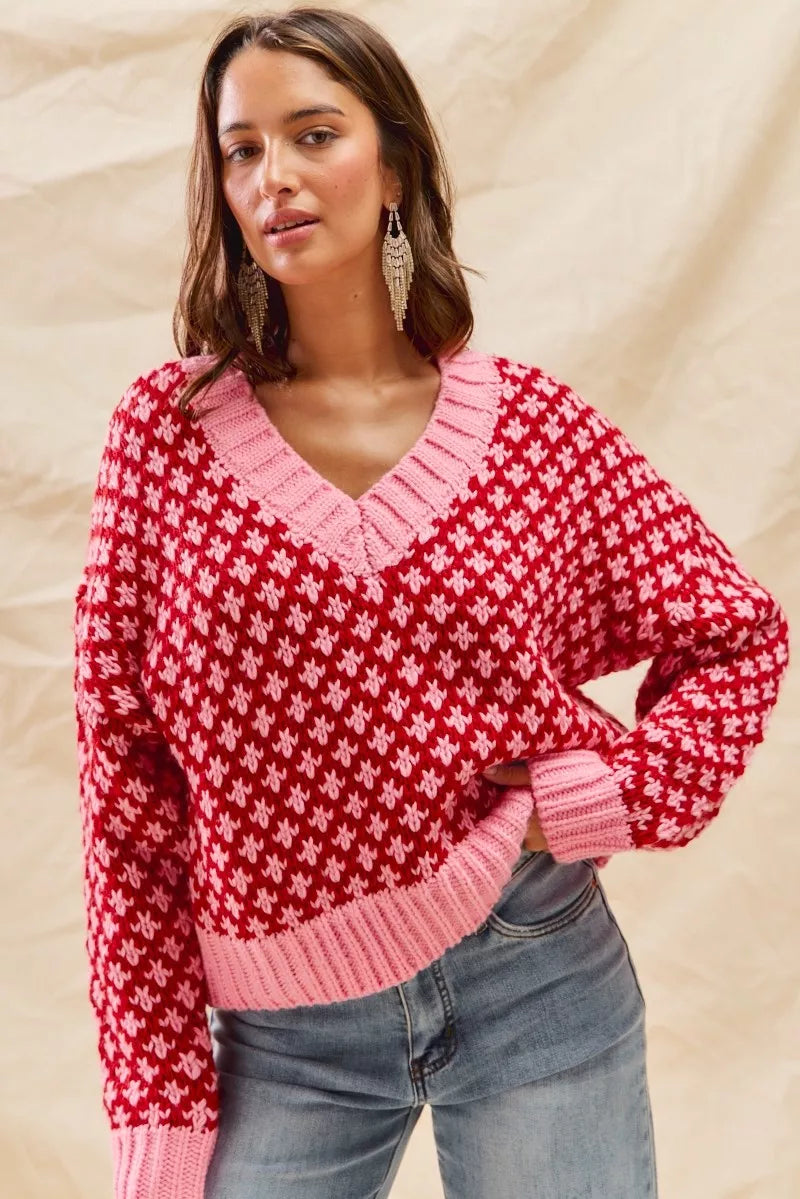 SO ME Color Block Textured Christmas Sweater V Neck Top