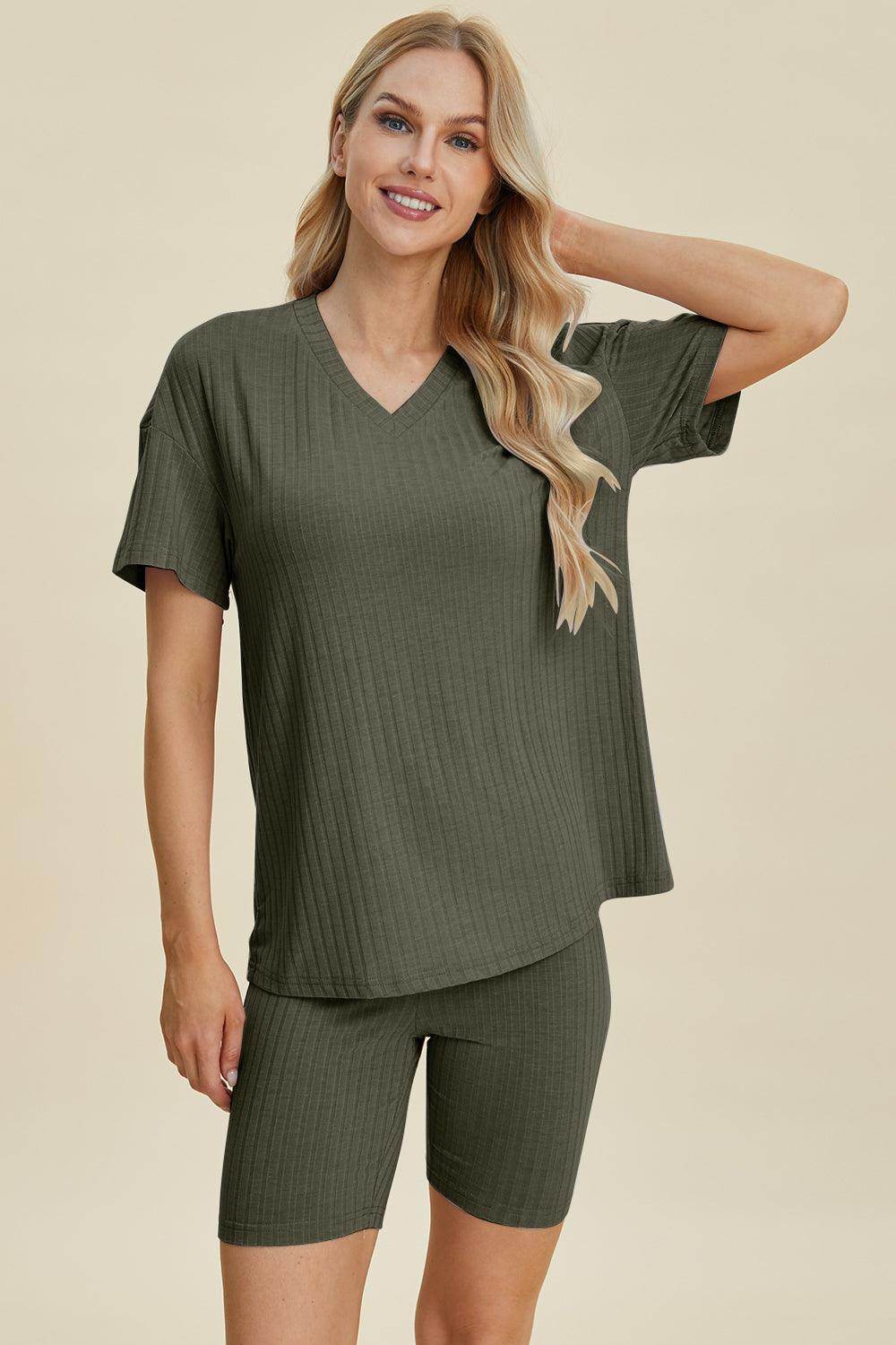 Basic Bae Full Size Ribbed V-Neck Top and Shorts Set For Women