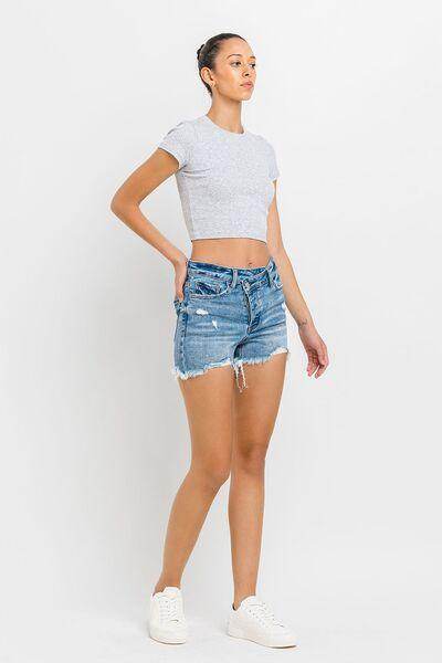 Lovervet Stepped Waist Raw Hem Denim Shorts for Summer