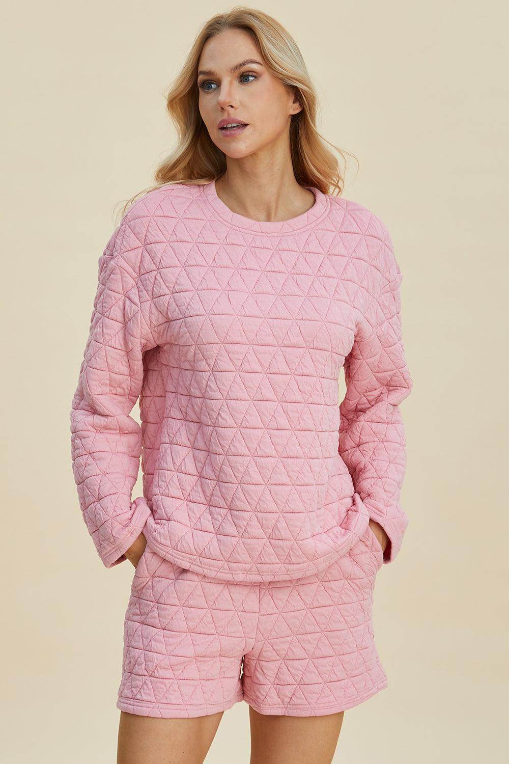Double Take Full Size Texture Round Neck Long Sleeve Top and Shorts Set for Women