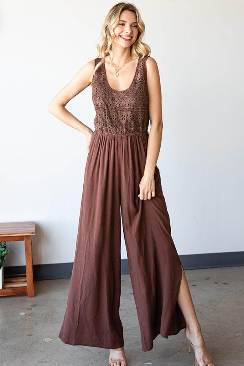 First Love Tie Back Sleeveless Slit Wide Leg Jumpsuit for Women