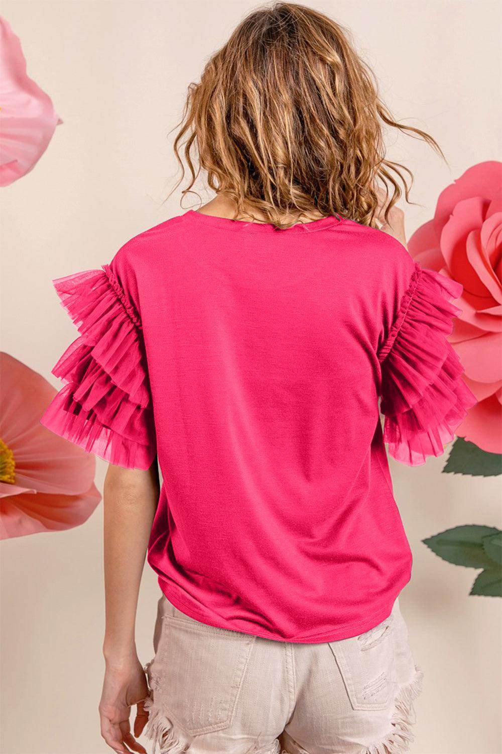 BiBi Ruffle Mesh Lace Layered Short Sleeve Top for Women
