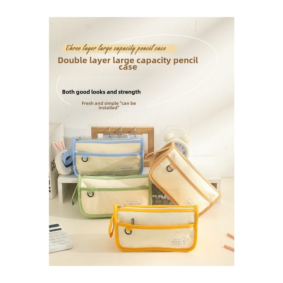 Color Matching Large-Capacity Canvas Pencil Case - Double-Layer Simple Design for Student Stationery Box