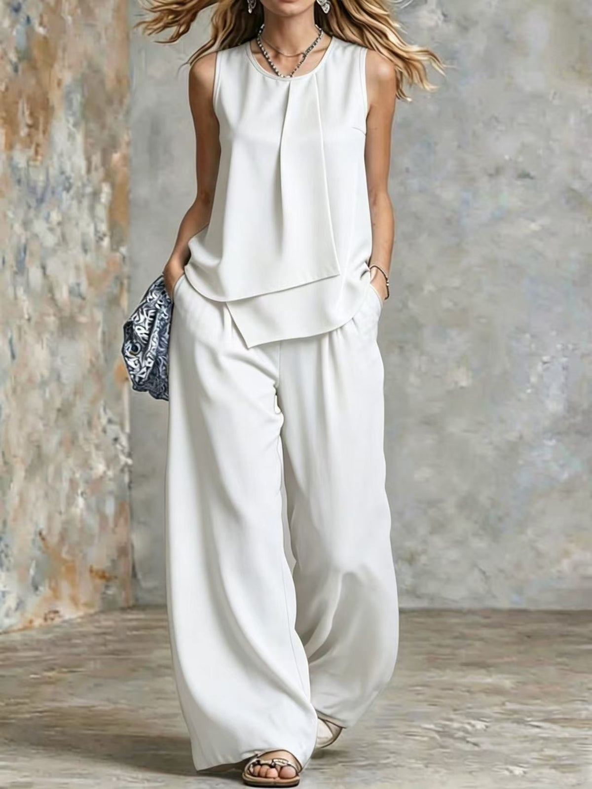 Women's Sleeveless Two-Piece Set – Solid Color Wide-Leg Pants & Top