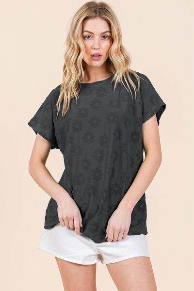 BOMBOM Textured Floral Pattern Short Sleeve T-Shirt for Women