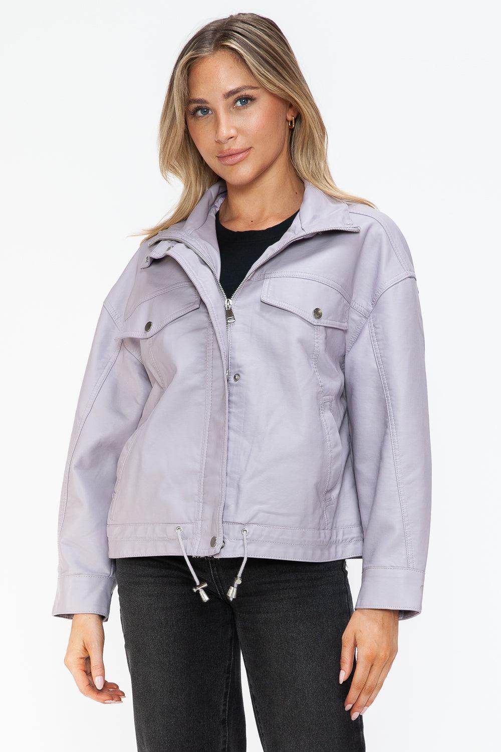 How Dare U Drawstring Hem PU Leather Zip Up Jacket Women