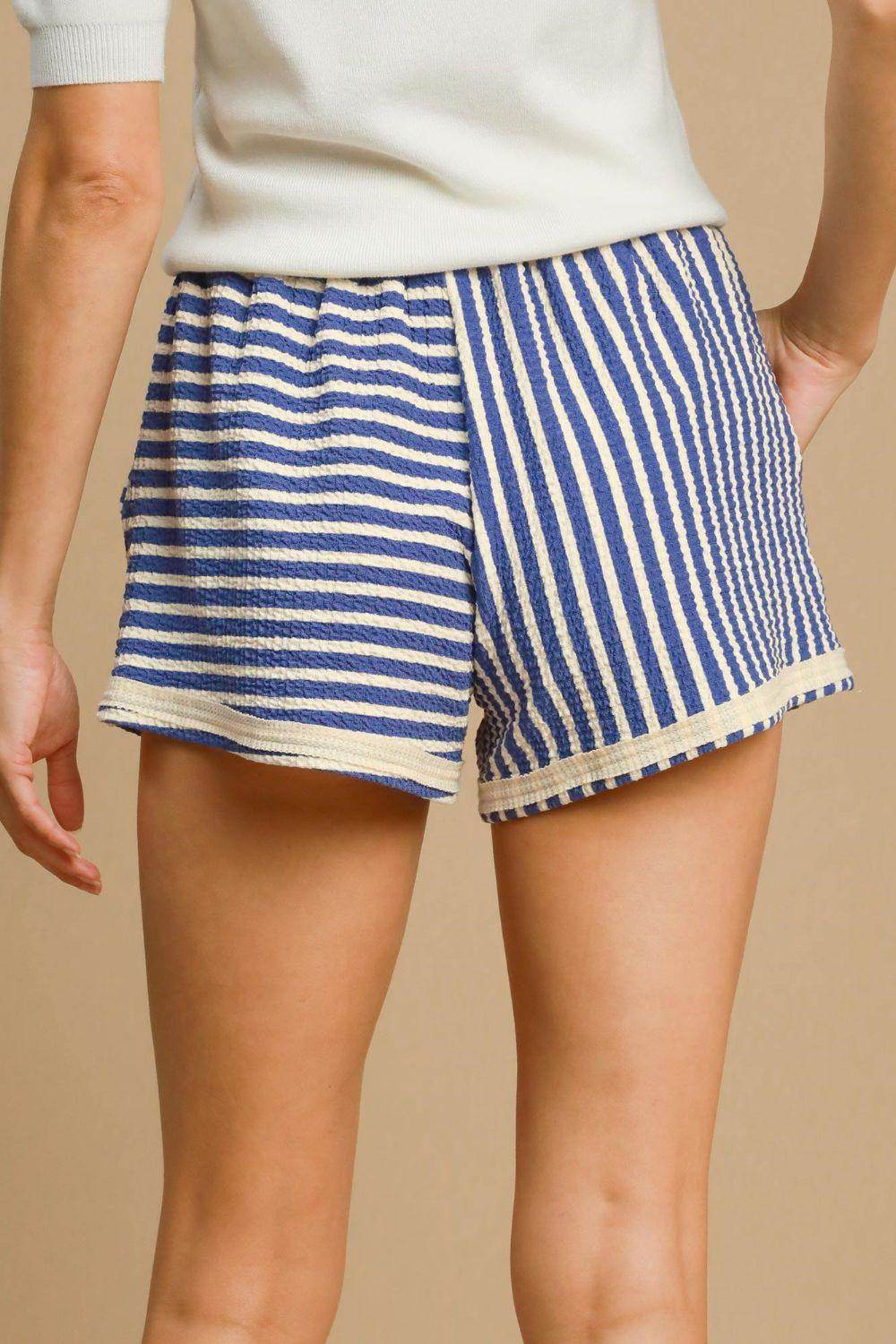 Umgee Elastic Waist Striped Shorts with Pockets for Summer