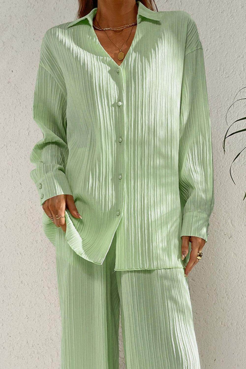 Johnny Collar Button Down Top and Pants Set for Women