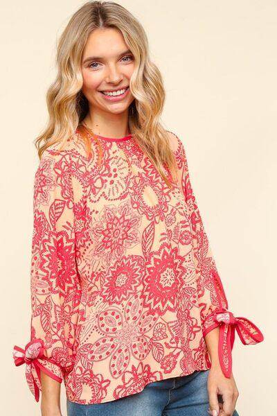 Haptics Ribbon Bow Detail Floral Round Neck Blouse for Women