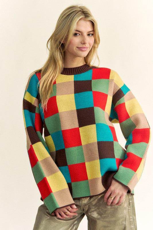 Davi & Dani Color Block Checkered Dropped Shoulder Sweater